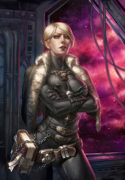 Anime picture 867x1249 with warhammer 40k lilith abfequarn speeh single tall image looking at viewer short hair blonde hair grey eyes crossed arms girl jacket book (books) chain bodysuit
