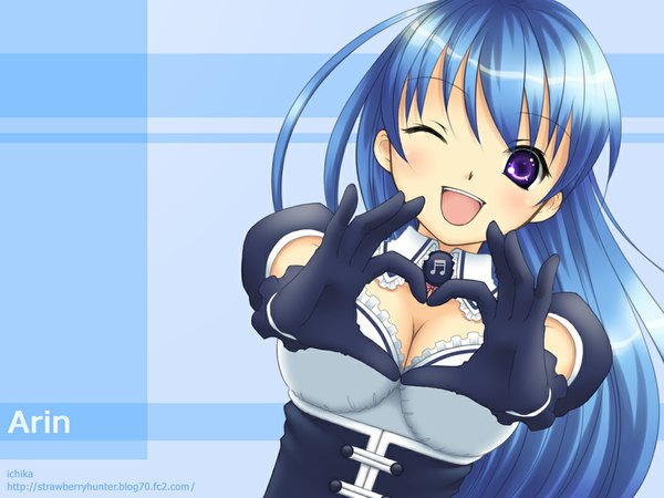 Anime picture 1024x768 with pangya arin long hair breasts light erotic smile blue hair wallpaper heart hands heart