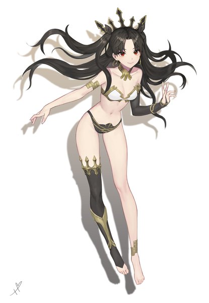 Anime picture 2850x4120 with fate (series) fate/grand order ishtar (fate) hamutyar0 single long hair tall image highres light erotic black hair simple background smile red eyes white background full body shadow two side up girl earrings bracelet