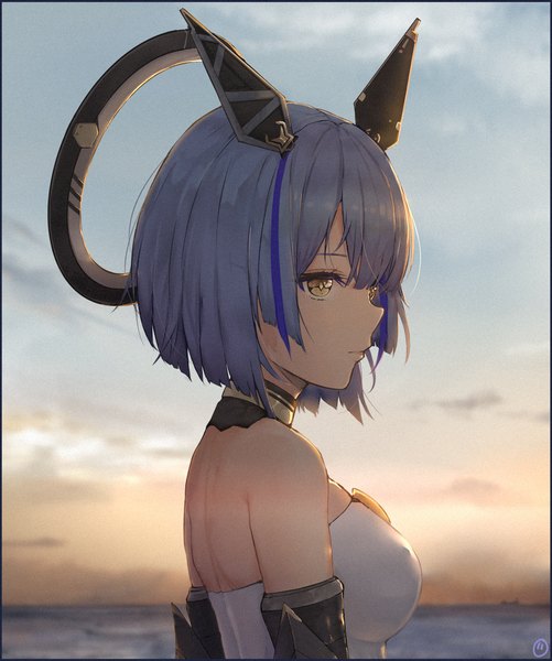 Anime picture 988x1183 with azur lane gascogne (azur lane) gascogne (beach adaptive armor) (azur lane) envyvanity single tall image fringe short hair hair between eyes bare shoulders signed yellow eyes blue hair looking away sky upper body outdoors multicolored hair two-tone hair streaked hair