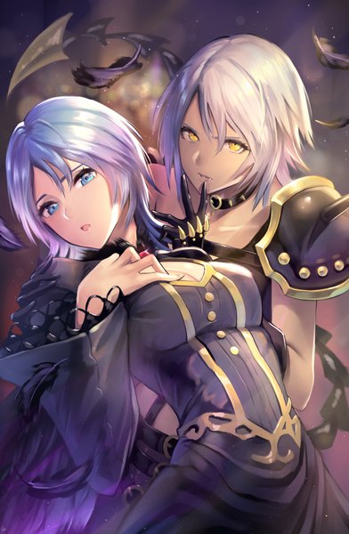 Anime picture 1280x1958 with kingdom hearts square enix aqua (kingdom hearts) gogo (detteiu de) tall image looking at viewer fringe short hair breasts open mouth blue eyes hair between eyes multiple girls holding yellow eyes blue hair silver hair wide sleeves leaning hand on chest