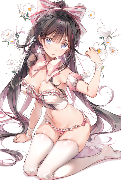 Anime picture 700x1042 with original dsmile single tall image looking at viewer blush fringe breasts blue eyes light erotic simple background hair between eyes brown hair white background sitting cleavage ponytail very long hair multicolored hair arm support