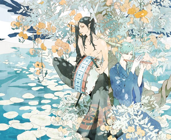 Anime picture 2200x1798 with original kibi (pixiv298748) long hair highres black hair red eyes sitting brown eyes traditional clothes japanese clothes horn (horns) pointy ears aqua hair multiple boys shirtless boy flower (flowers) plant (plants) tree (trees) water