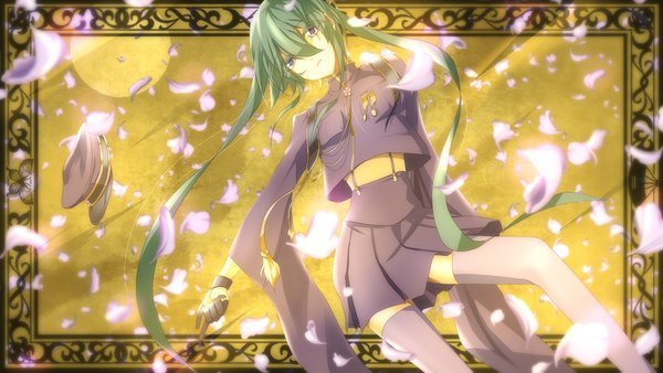 Anime-Bild 2400x1350 mit vocaloid senbonzakura (vocaloid) hatsune miku nae (assassing) single long hair fringe highres hair between eyes wide image twintails green hair midriff grey eyes outstretched arm framed expressionless yellow background hat removed headwear removed