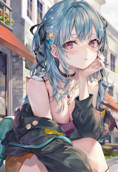 Anime picture 3393x4945 with original momoko (momopoco) single long hair tall image looking at viewer blush fringe highres breasts light erotic large breasts bare shoulders blue hair absurdres cleavage outdoors blunt bangs nail polish parted lips