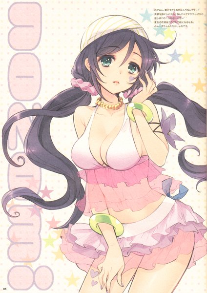 Anime picture 2139x3024 with love live! school idol project sunrise (studio) love live! toujou nozomi itou noiji single long hair tall image looking at viewer highres breasts light erotic black hair large breasts twintails green eyes scan character names low twintails girl