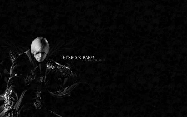 Anime picture 1280x800 with devil may cry capcom dante (devil may cry) single looking at viewer short hair blonde hair wide image white hair light smile realistic inscription wallpaper black background gloves cloak