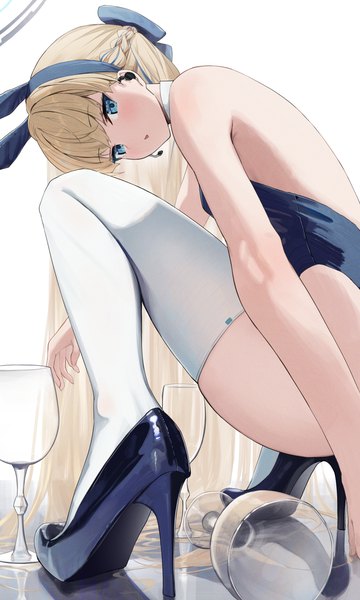 Anime picture 1800x3000 with blue archive toki (blue archive) toki (bunny) (blue archive) hidulume single tall image looking at viewer blush highres blue eyes light erotic simple background blonde hair white background animal ears very long hair high heels official alternate costume fake animal ears squat