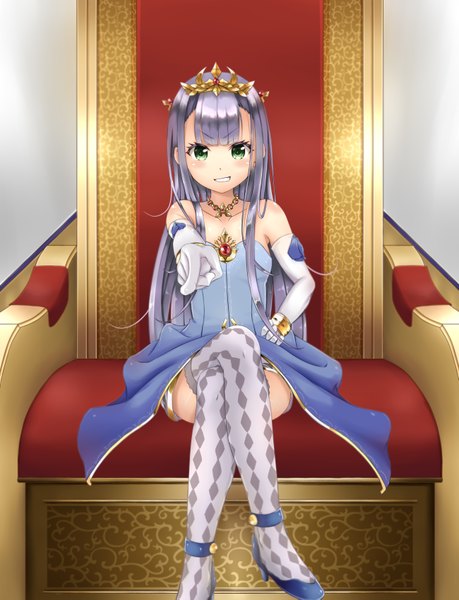 Anime picture 2600x3398 with outbreak company feel (studio) petralka anne eldant iii centon (736023681) single long hair tall image fringe highres smile sitting bare shoulders green eyes silver hair blunt bangs loli crossed legs pointing girl thighhighs