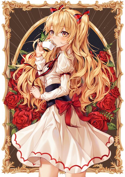 Anime picture 1500x2123 with original ttosom single long hair tall image looking at viewer blush fringe blonde hair hair between eyes standing holding yellow eyes long sleeves two side up puffy sleeves turning head wavy hair framed drinking