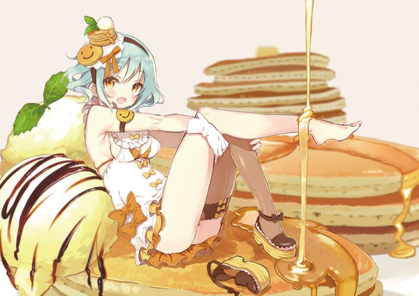 Anime picture 1254x885 with original miyoshino single looking at viewer blush short hair open mouth light erotic simple background smile sitting yellow eyes :d aqua hair wavy hair leg lift (legs lift) shoes removed girl dress gloves