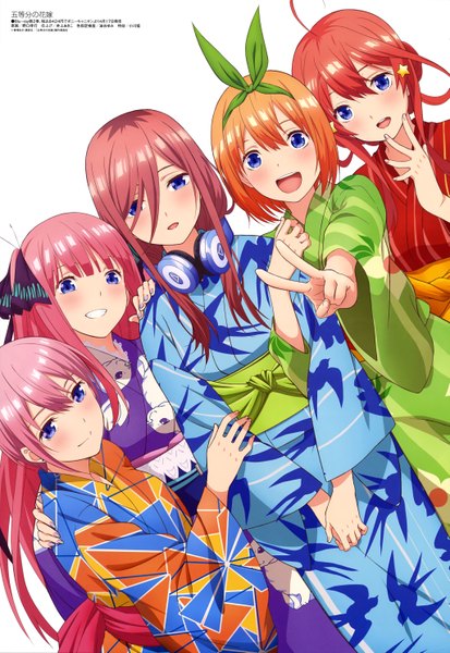 Anime picture 4091x5932 with go-toubun no hanayome megami magazine nakano miku nakano nino nakano ichika nakano itsuki nakano yotsuba noguchi takayuki long hair tall image looking at viewer blush fringe highres short hair open mouth blue eyes simple background smile hair between eyes