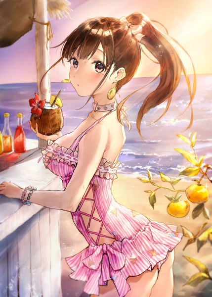 Anime picture 1464x2048 with idolmaster idolmaster shiny colors sonoda chiyoko takeashiro single long hair tall image looking at viewer blush fringe breasts light erotic red eyes brown hair standing holding payot outdoors ass ponytail