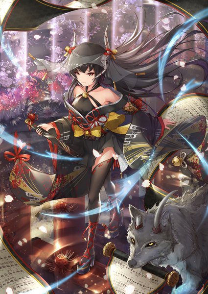 Anime picture 1032x1457 with original yue ying jin feng single long hair tall image looking at viewer fringe black hair red eyes bare shoulders holding full body traditional clothes japanese clothes horn (horns) wind off shoulder wide sleeves fang (fangs) walking