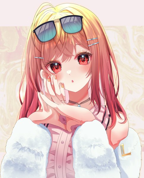 Anime picture 3314x4093 with virtual youtuber hololive hololive dev is ichijou ririka junineu single long hair tall image looking at viewer blush fringe highres hair between eyes red eyes absurdres upper body nail polish orange hair :o sunglasses on head