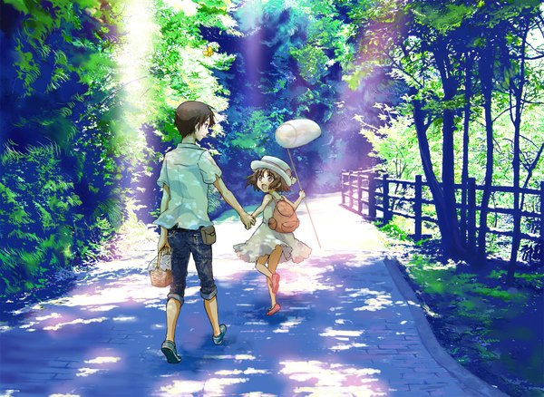 Anime picture 2018x1476 with hiroe highres short hair brown hair outdoors holding hands landscape walking girl boy plant (plants) hat tree (trees) bag sundress forest child (children) fence fanny pack basket