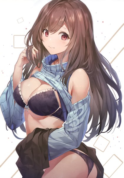 Anime picture 2130x3037 with idolmaster idolmaster shiny colors tsukioka kogane sola (solo0730) single long hair tall image looking at viewer fringe highres breasts light erotic simple background hair between eyes red eyes brown hair large breasts standing white background cleavage