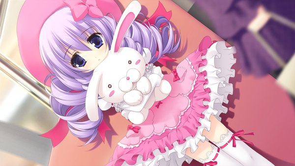 Anime picture 1280x720 with strawberry feels long hair blue eyes wide image game cg purple hair drill hair girl thighhighs dress bow hair bow white thighhighs toy beret stuffed animal