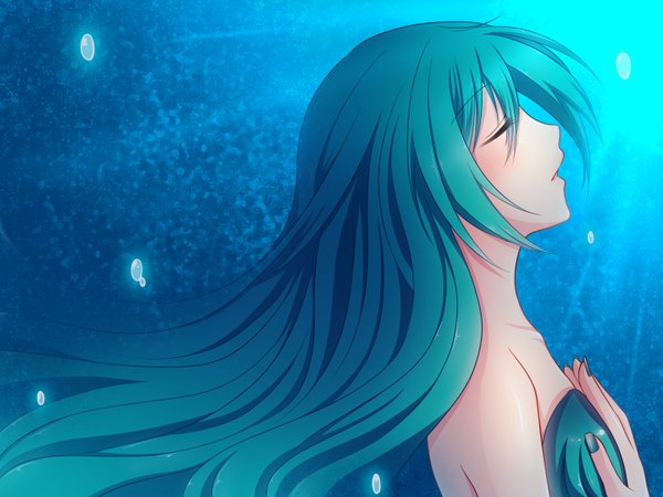 Anime picture 1600x1200 with vocaloid hatsune miku fukufuku (artist) single long hair eyes closed profile aqua hair underwater girl bubble (bubbles)