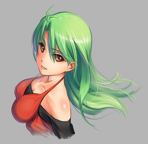 Anime picture 1032x1000 with pinakes single long hair looking at viewer simple background smile bare shoulders brown eyes green hair grey background portrait girl