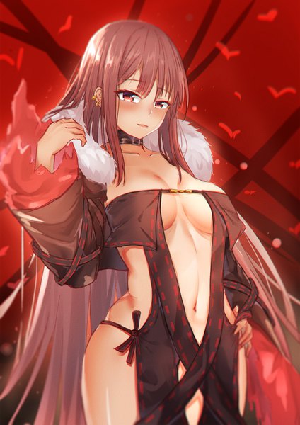 Anime picture 992x1403 with fate (series) fate/grand order yu mei-ren (fate) eric (tianqijiang) single tall image looking at viewer blush fringe breasts open mouth light erotic simple background red eyes brown hair large breasts standing payot very long hair fur trim