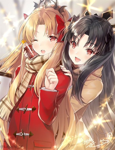 Anime picture 764x1000 with fate (series) fate/grand order ishtar (fate) ereshkigal (fate) kagachi saku long hair tall image looking at viewer blush fringe open mouth black hair blonde hair red eyes multiple girls signed looking away :d one eye closed wink