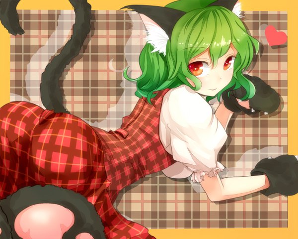 Anime picture 1250x1000 with touhou kazami yuuka shironeko yuuki single looking at viewer short hair red eyes animal ears green hair cat ears cat girl cat tail girl dress