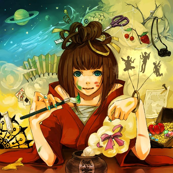 Anime picture 2200x2200 with original atyako single highres short hair brown hair cloud (clouds) nail polish japanese clothes aqua eyes face paint detailed girl hair ornament food bracelet kimono star (symbol) star (stars) fish (fishes)