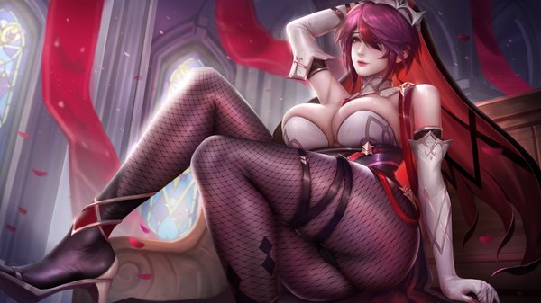 Anime picture 5476x3080 with genshin impact rosaria (genshin impact) turewindwalker single looking at viewer fringe highres short hair breasts light erotic red eyes wide image large breasts sitting absurdres purple hair bent knee (knees) ass indoors multicolored hair
