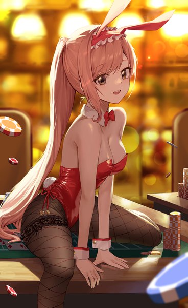 Anime picture 1001x1634 with idolmaster idolmaster shiny colors arisugawa natsuha mansu (user pnmp4287) single long hair tall image looking at viewer blush fringe breasts open mouth light erotic smile large breasts sitting brown eyes animal ears payot cleavage