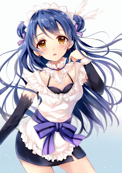 イラスト 678x958 と ラブライブ! サンライズ love live! 園田海未 桜ひより ソロ 長髪 長身像 赤面 前髪 simple background 立つ 黄色眼 青い髪 sparkle hair bun (hair buns) gradient background looking up スリット 女の子