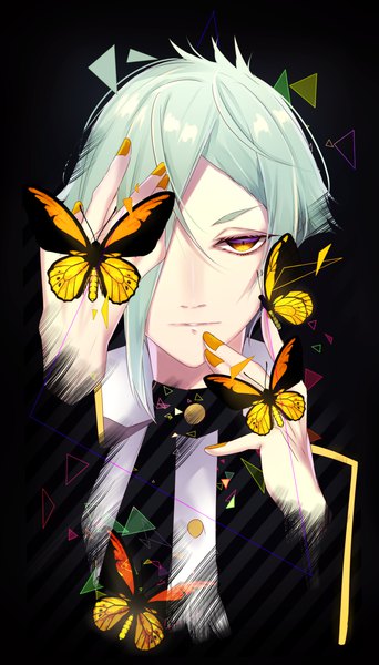 Anime picture 2000x3500 with touken ranbu nitroplus hizamaru (touken ranbu) motsuni (lxxe1120) single tall image looking at viewer fringe highres short hair yellow eyes nail polish hair over one eye aqua hair face expressionless butterfly on hand boy insect butterfly