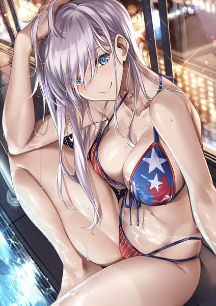 Anime picture 1200x1696 with fate (series) fate/grand order miyamoto musashi (fate) miyamoto musashi (swimsuit berserker) (fate) ks single long hair tall image looking at viewer blush fringe breasts blue eyes light erotic smile large breasts sitting bare shoulders cleavage silver hair