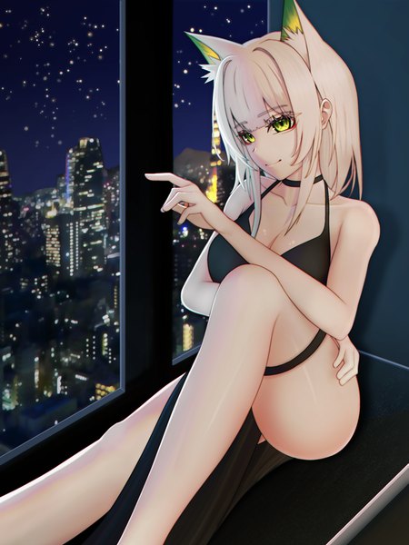 Anime picture 3000x4000 with arknights kal'tsit (arknights) absurd fox single tall image looking at viewer fringe highres short hair breasts light erotic sitting bare shoulders green eyes animal ears looking away bent knee (knees) white hair light smile cat ears