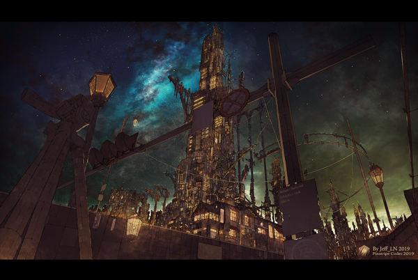 Anime picture 4392x2945 with original jeff laoniu highres signed absurdres night from below night sky city letterboxed cityscape no people 2019 milky way building (buildings) star (stars) lamppost traffic sign traffic lights