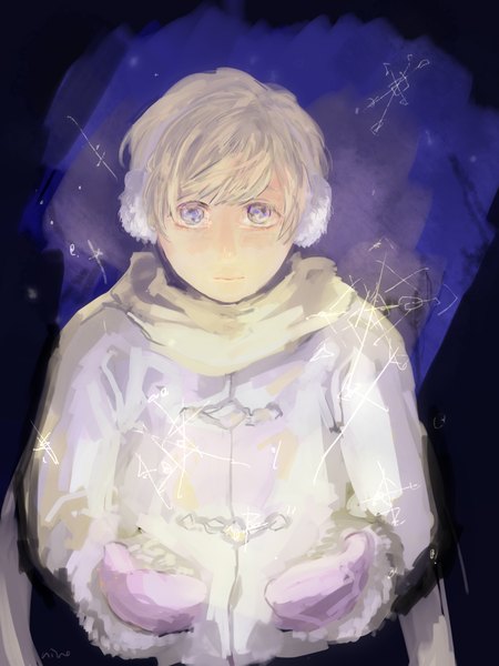 Anime picture 1200x1600 with axis powers hetalia studio deen russia (hetalia) usukikaori (nino) single tall image looking at viewer fringe short hair simple background blonde hair purple eyes signed upper body light boy scarf coat winter clothes mittens