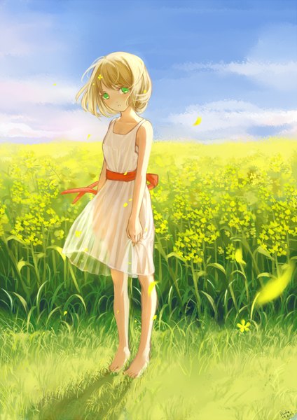Anime picture 2480x3507 with original clouble single tall image looking at viewer blush fringe highres short hair blonde hair standing green eyes sky cloud (clouds) barefoot hair flower field girl dress hair ornament