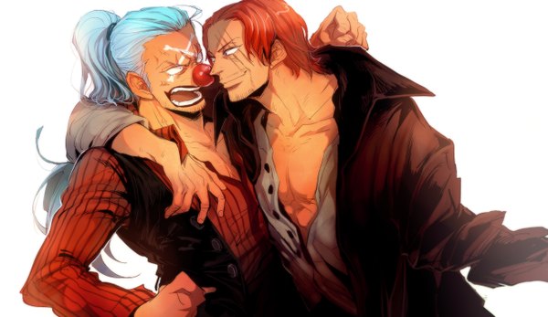 Anime picture 1321x766 with one piece toei animation shanks buggy the clown nobu10 long hair short hair open mouth simple background smile wide image white background blue hair ponytail red hair multiple boys hug facial mark scar face to face