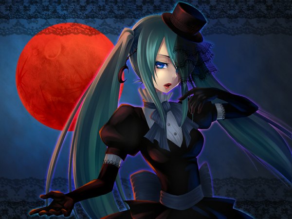 Anime picture 1024x768 with vocaloid hatsune miku ueno tsuki single long hair fringe open mouth blue eyes twintails green hair hair over one eye singing gothic girl dress gloves bow hat elbow gloves bowtie