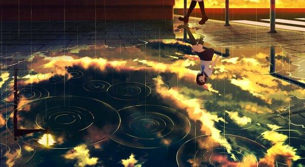 Anime picture 1200x659 with original aya (star) single looking at viewer short hair black hair wide image sitting green eyes sky cloud (clouds) reflection scenic revision against fence girl uniform socks serafuku black socks