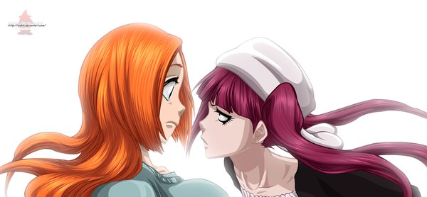 Anime picture 1300x603 with bleach studio pierrot inoue orihime dokugamine riruka ioshik long hair simple background wide image white background multiple girls red hair profile orange hair coloring face to face girl 2 girls