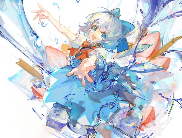Anime picture 2099x1592 with touhou cirno ciloranko single looking at viewer highres short hair open mouth blue eyes silver hair ahoge :d girl bow hair bow wings water food berry (berries) strawberry
