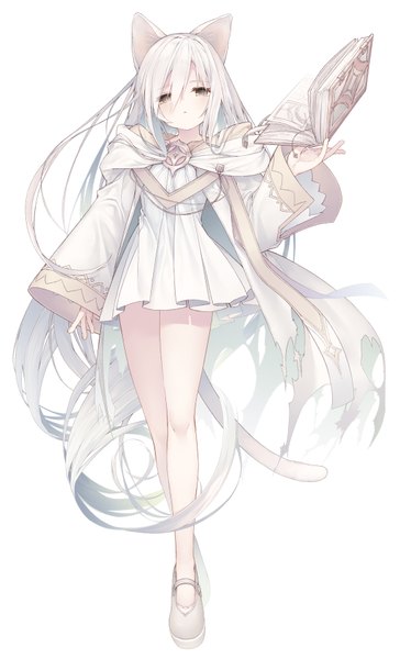Anime picture 1094x1800 with original tokuno yuika single tall image looking at viewer fringe simple background hair between eyes standing white background holding animal ears payot silver hair full body tail long sleeves very long hair parted lips animal tail