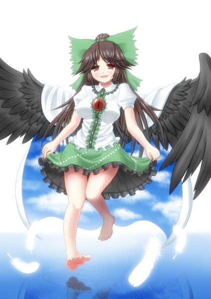 Anime picture 1748x2480 with touhou reiuji utsuho aonagi ibane (artist) single long hair tall image highres simple background red eyes brown hair cloud (clouds) barefoot sky print girl skirt bow hair bow miniskirt wings green skirt