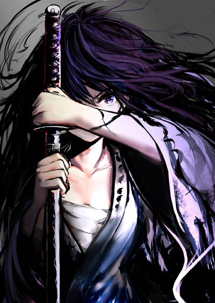Anime-Bild 710x1000 mit original iori (cpeilad) single long hair tall image looking at viewer holding purple hair traditional clothes japanese clothes girl weapon sword katana sheath