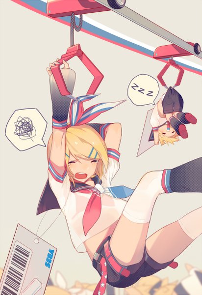 Anime picture 826x1201 with vocaloid sega kagamine rin kagamine len ryuutsuki basetsu tall image blush short hair open mouth blonde hair eyes closed nail polish twins brother and sister girl thighhighs boy bow hair bow detached sleeves