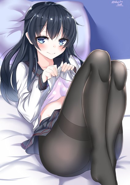 Anime picture 1500x2121 with kantai collection akatsuki destroyer nebusoku single long hair tall image looking at viewer blush blue eyes light erotic black hair smile girl skirt miniskirt pantyhose sailor suit