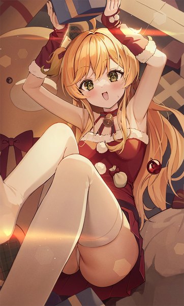 Anime picture 1100x1824 with original pine (angel4195202) single long hair tall image looking at viewer blush fringe open mouth light erotic blonde hair hair between eyes green eyes ahoge :d arms up two side up pantyshot lens flare christmas