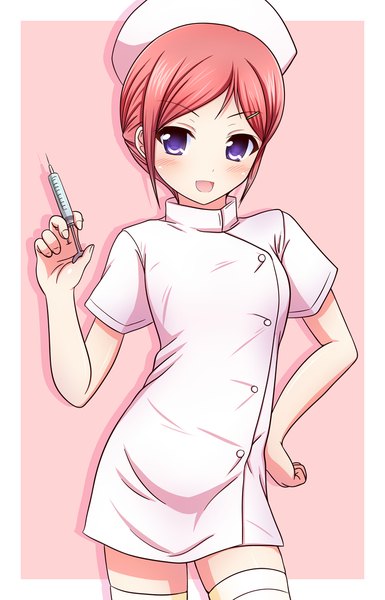 Anime picture 743x1157 with original kk-sk-ray single tall image looking at viewer blush short hair open mouth blue eyes red hair nurse girl nurse cap syringe