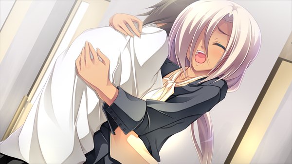 Anime picture 1024x576 with legend seven (game) long hair open mouth wide image yellow eyes game cg white hair eyes closed couple girl boy